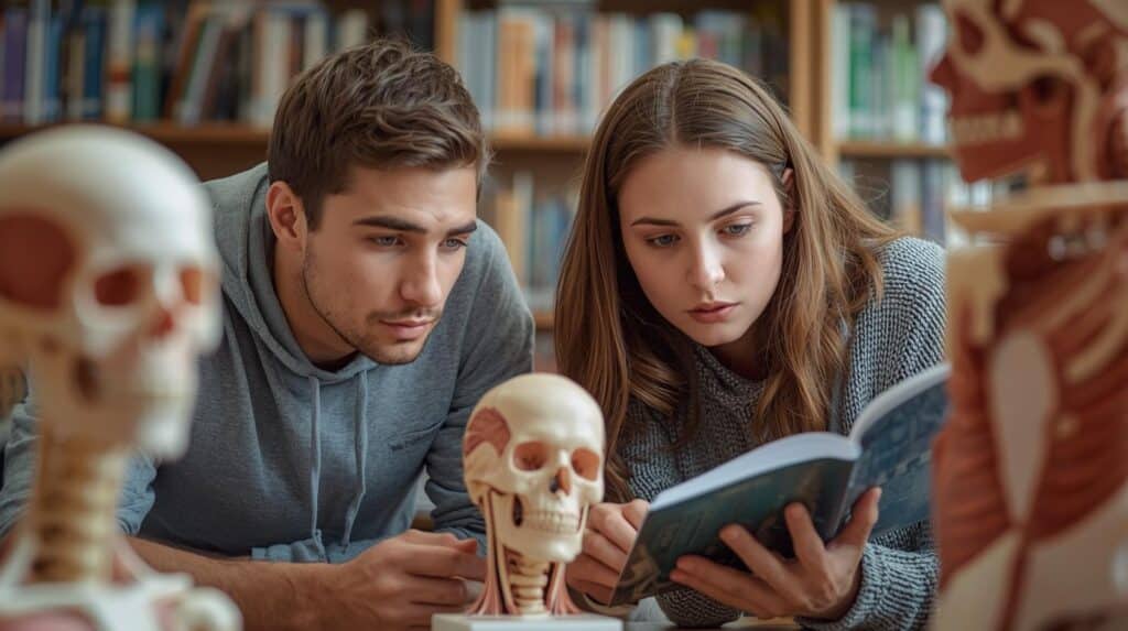 two osteopathy students studying anatomy. Unity Osteopathy, Parnell, Auckland.