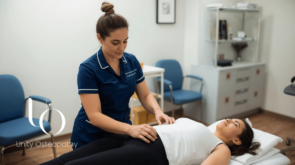 female osteopath doing visceral treatment. ACC osteopath near me. Unity Osteopathy, Expert Osteopaths, Parnell, Auckland